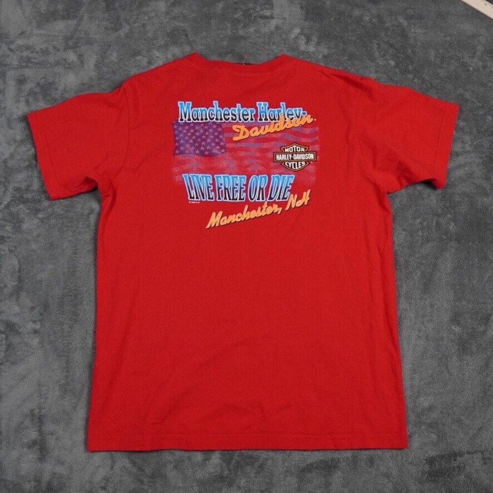 Vintage 95 Harley Davidson Shirt Men’s Large Red Live Free or Die Flag HOLOUBEK
